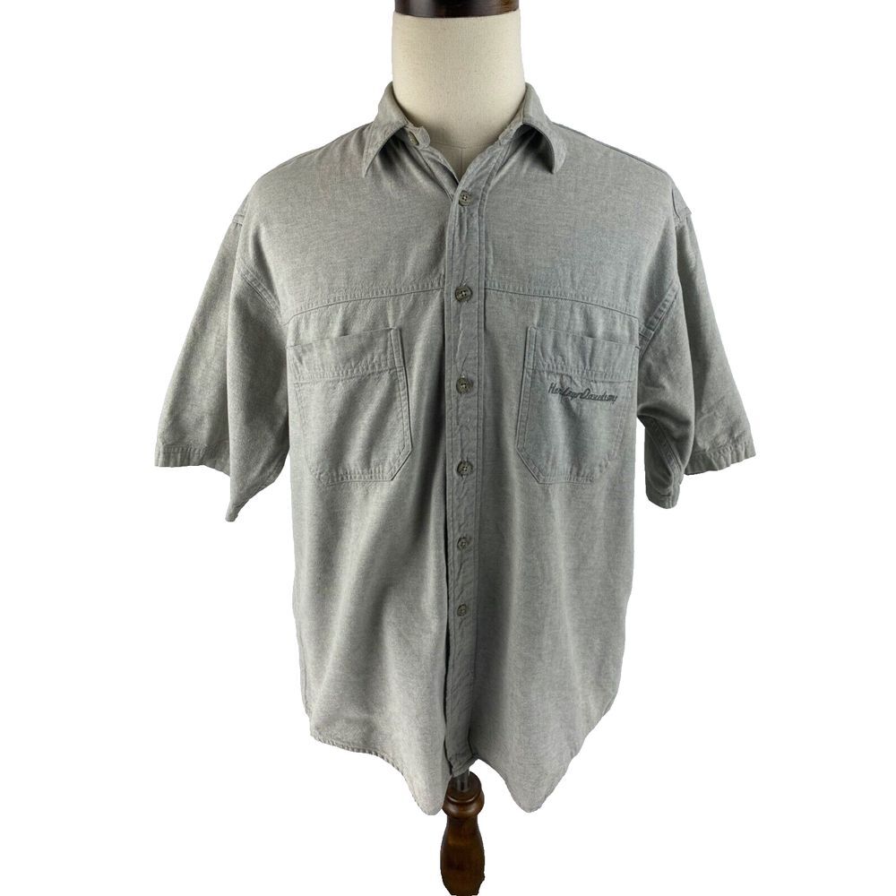 Harley Davidson Vtg L Denim Short Sleeve Button‎ Front Shirt Logo Spellout Y2K